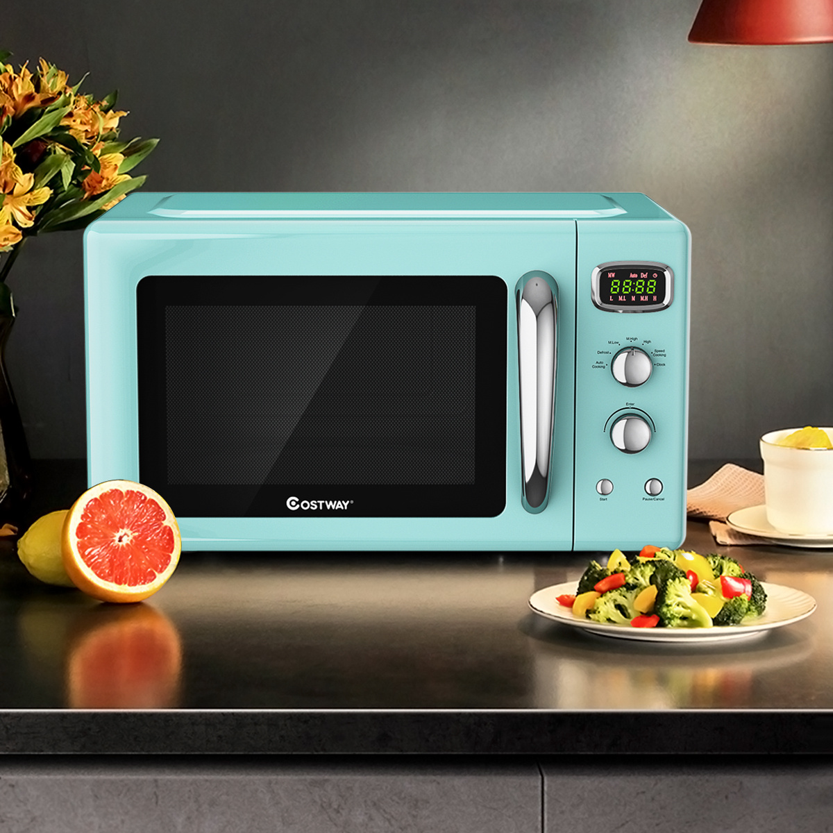 COSTWAY 0.9Cu.ft. Retro Countertop Microwave Oven 900W 8 Cooking Settings Green.