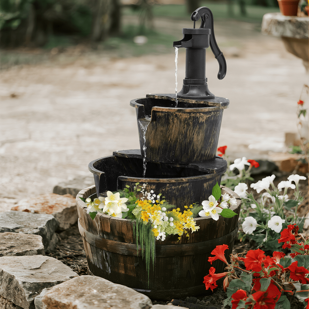 Outdoor Water Fountains, 27" Tall 2-Tier Barrel IPX4 Waterfall Fountain for Patio Garden Backyard Decking, 11L Water Capacity, Green/Bronze