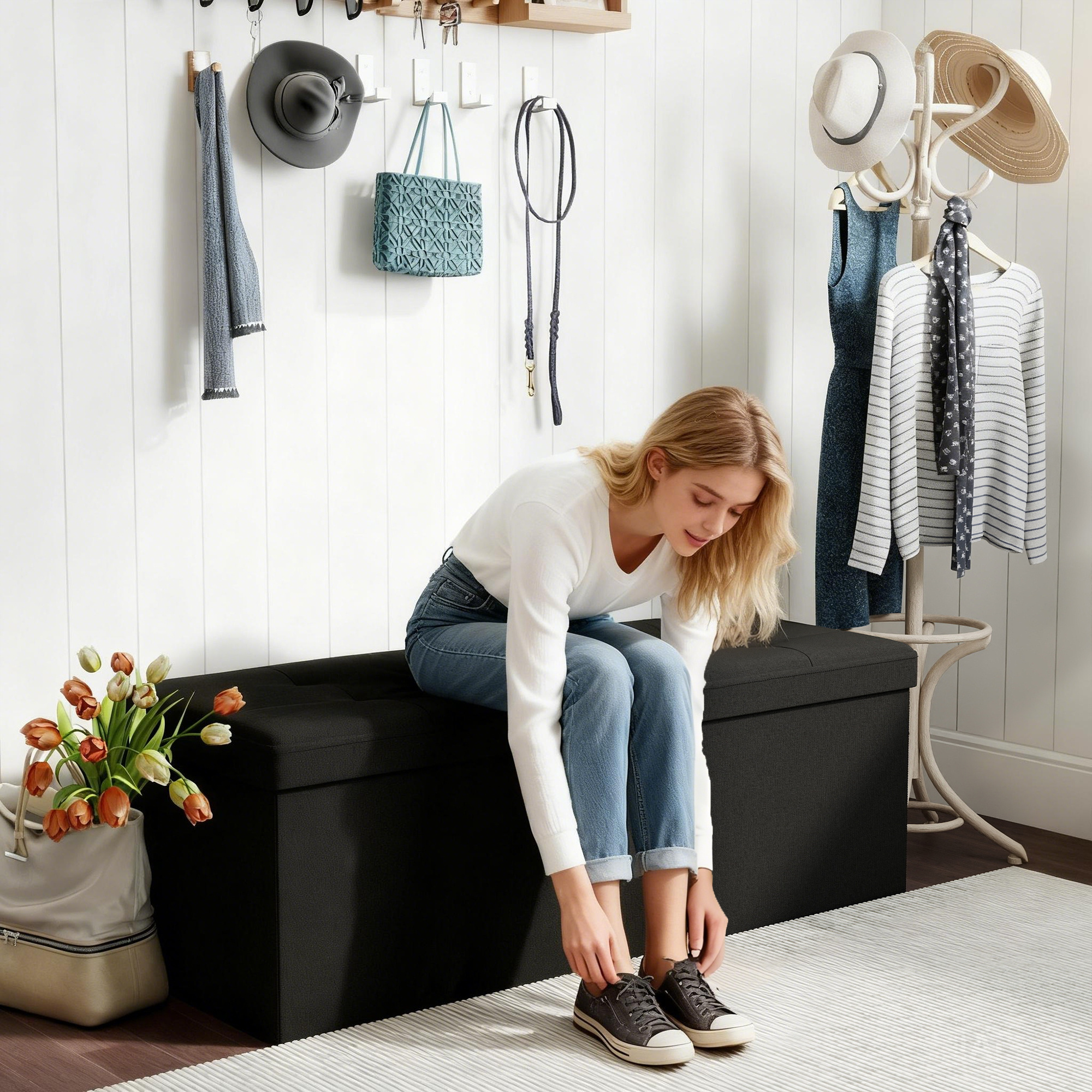 TEMU Upholstered Ottoman Storage Bench, Modern Rectangular Design, Foot Of Bed Storage, Entryway Shoe Bench, 3 Sizes, 3 Colors From, Leather Or Linen Options