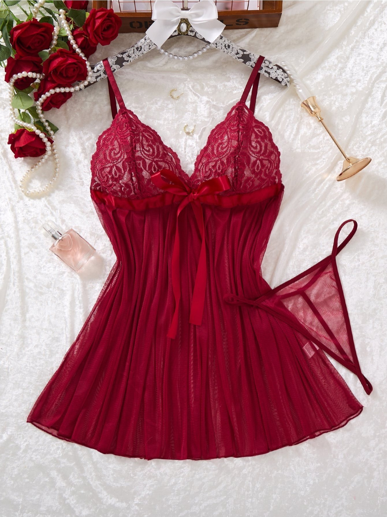 chinese dress ladies Burgundy Satin Nightgown with Side Slit & Lace – Romantic Lingerie M / Burgundy main image 0
