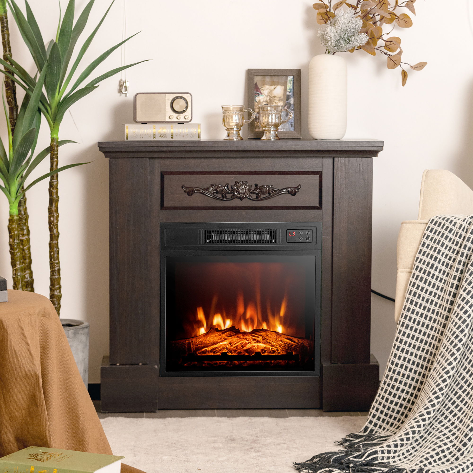 Costway 18" Electric Fireplace Heater, Recessed Fireplace Insert With 3-level Flame Brightness, 0.5-6h Timer & Adjustable Thermostat, Protection, Remote Control, 1400w