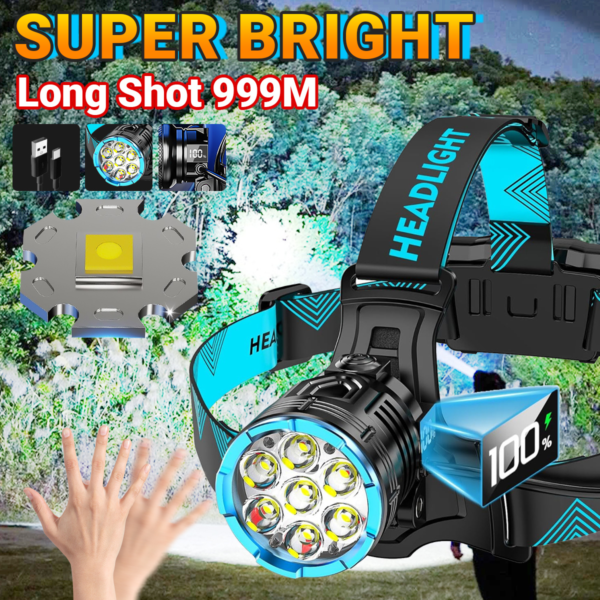 TEMU 3000lm Bright Headlamp Adjustable Focus Motion Sensor Warning Light, 7 Long-time Standby Time Head Lamp, 125&deg;angle Head Lights For Hiking Camping Emergency Outdoor