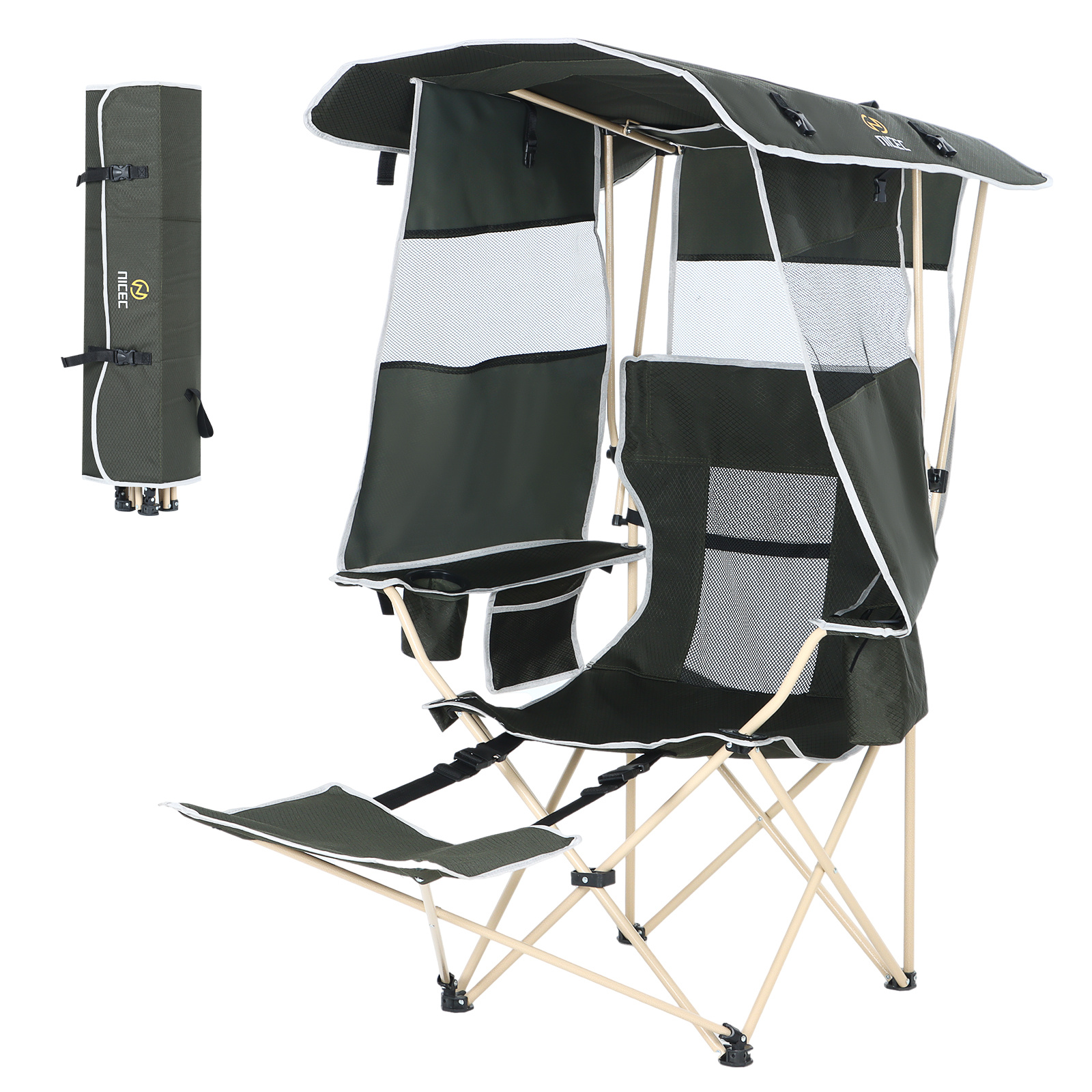 Folding Camping Chair With Canopy Shade & Adjustable Footrest - Includes 4-can Cooler Bag And Cup Holder, Green Portable Outdoor Chair For Fishing, Garden, Festivals