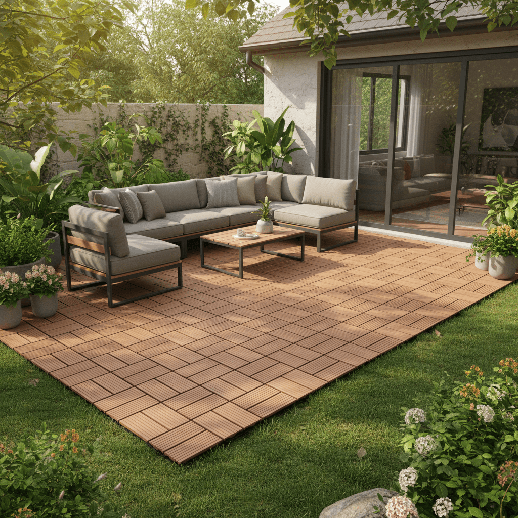   18 pieces interlocking floor tiles 12 x12 anti slip outdoor deck tiles easy to cut patio flooring covering for deck poolside garden and backyard 18 sq ft coverage area