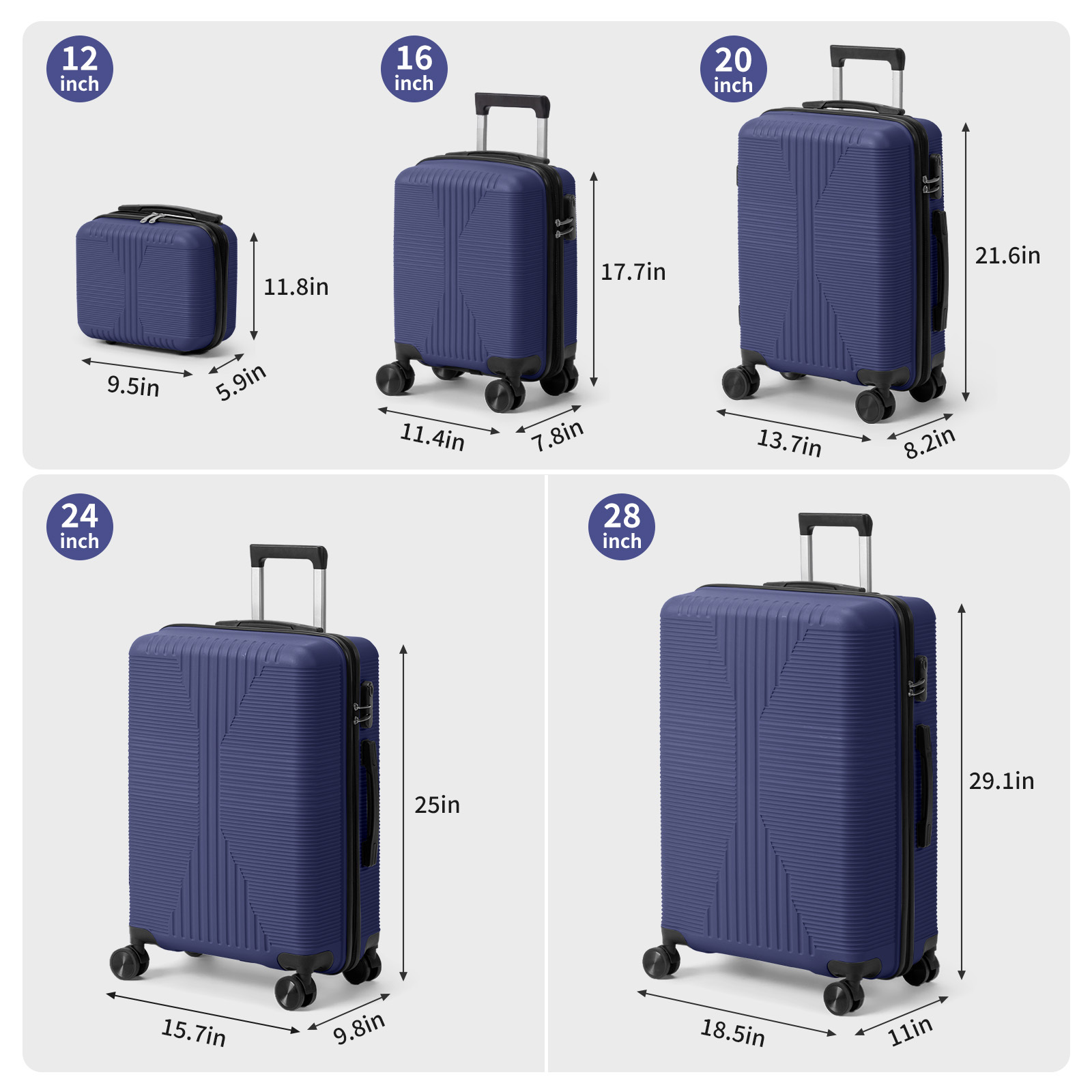 5-Piece Luggage Set Suitcases with Lock, 12/16/20/24/28 Inch Lightweight Trolley Case, Durable PP Material for Men Women, Ideal for Travel & Long Journeys