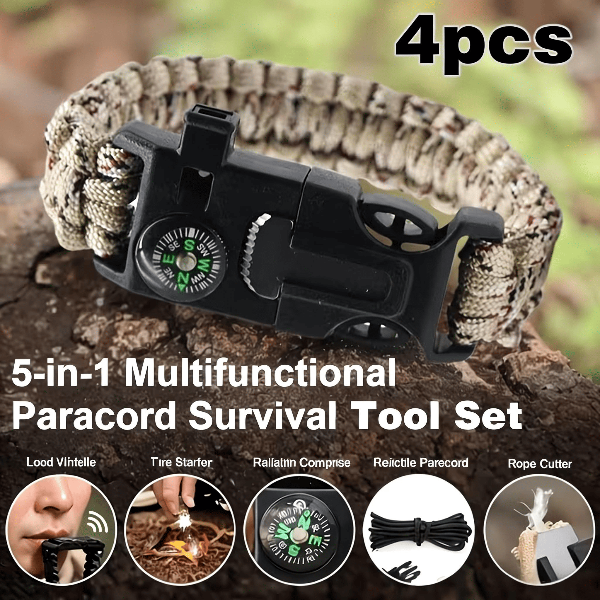 TEMU 4-pack Survival Paracord Bracelet Kit Compass, Saw, Fire Starter & Whistle For Camping, Hiking, Mountaineering, Fishing, Skiing, Surfing Emergency Multi-tool & Valentine's Day Gift