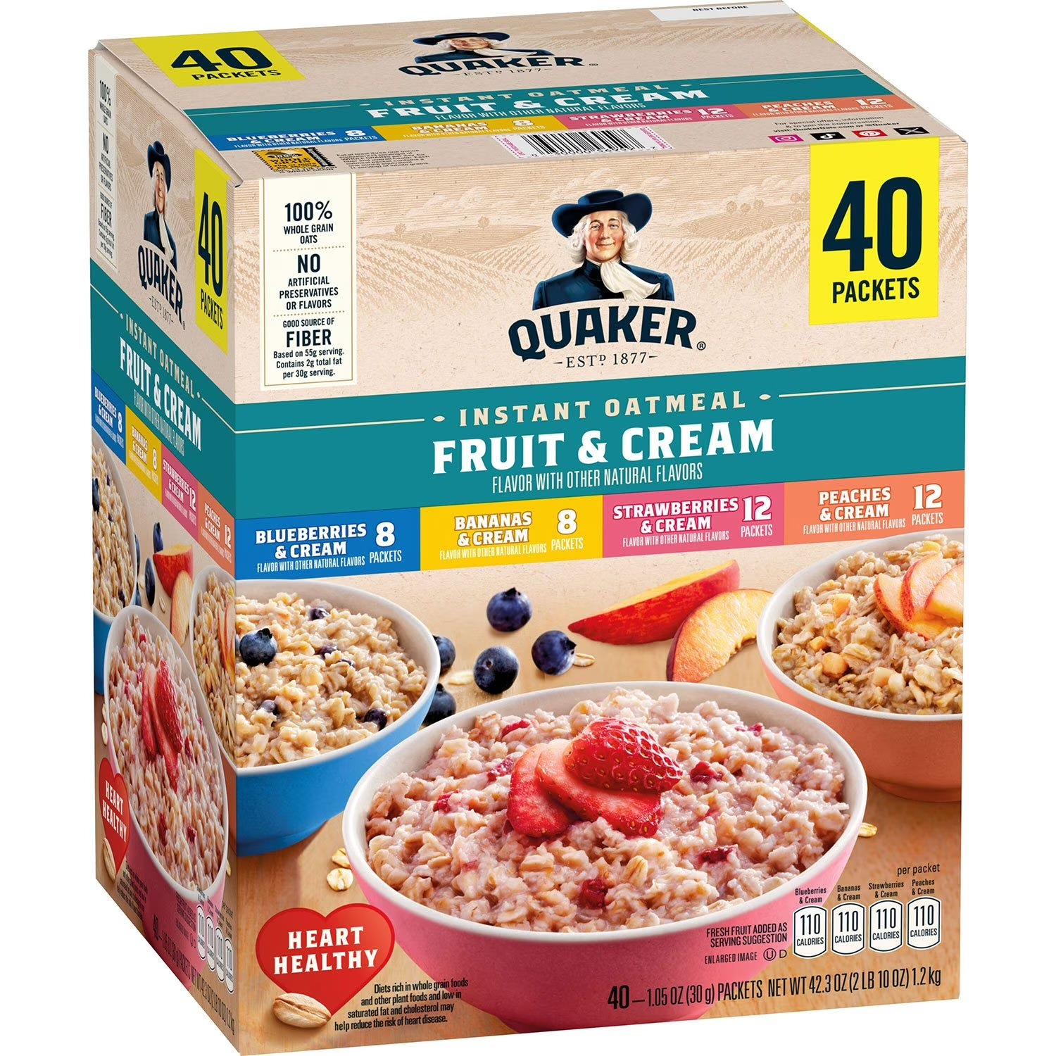 TEMU Quaker Instant Oatmeal Fruit & Cream, Variety Pack 1.05 Oz., 40 Pk. Includes 40 - 1.05 Ounce Packs, Flavors: 12 Strawberries & Cream, 8