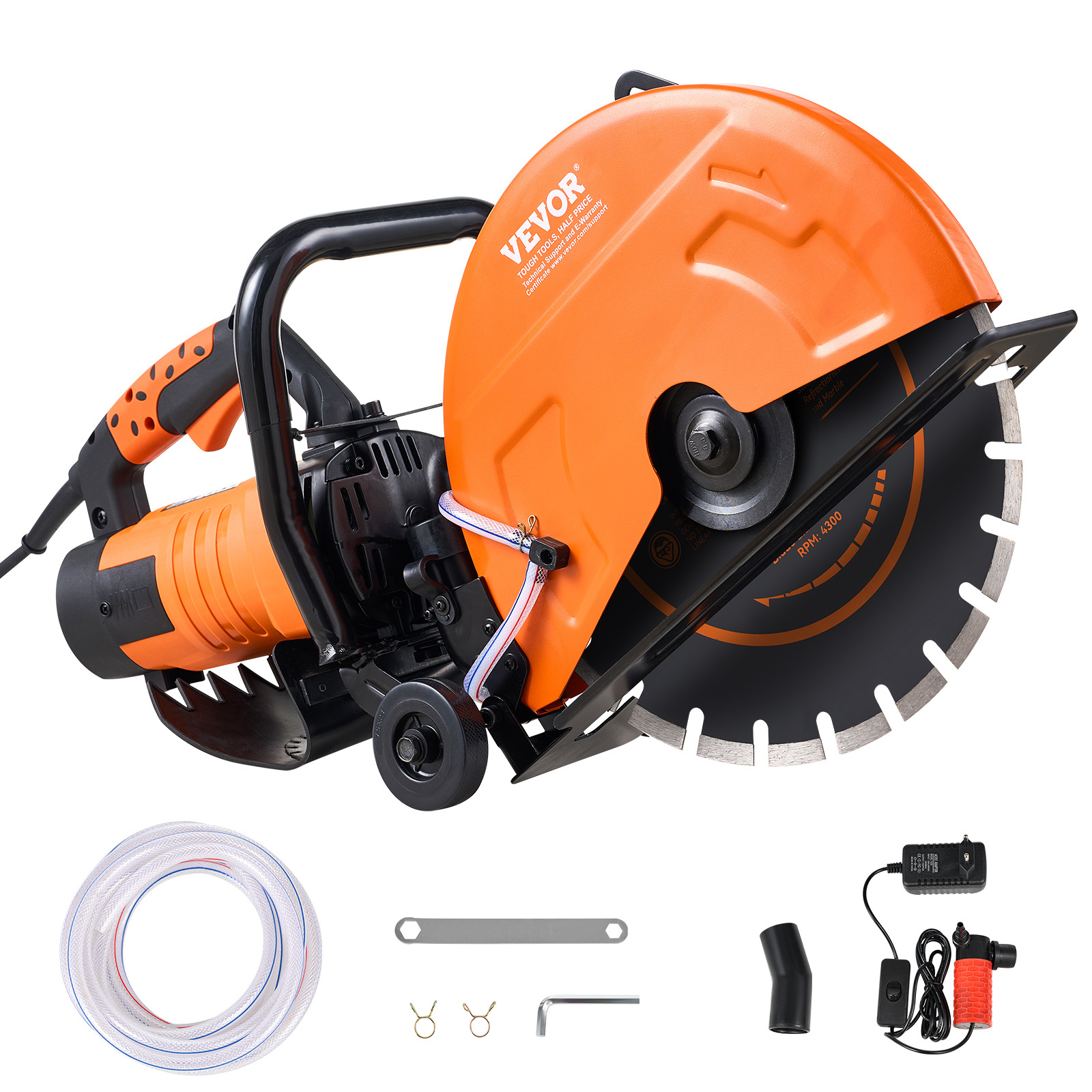 VEVOR Electric Concrete Saw, 14 in Circular Saw Cutter with 5 in Cutting Depth, Wet/Dry Disk Saw Cutter Includes Water Line, Pump and Blade, for Stone, Brick, Porcelain, Concrete,3200W/15A Motor