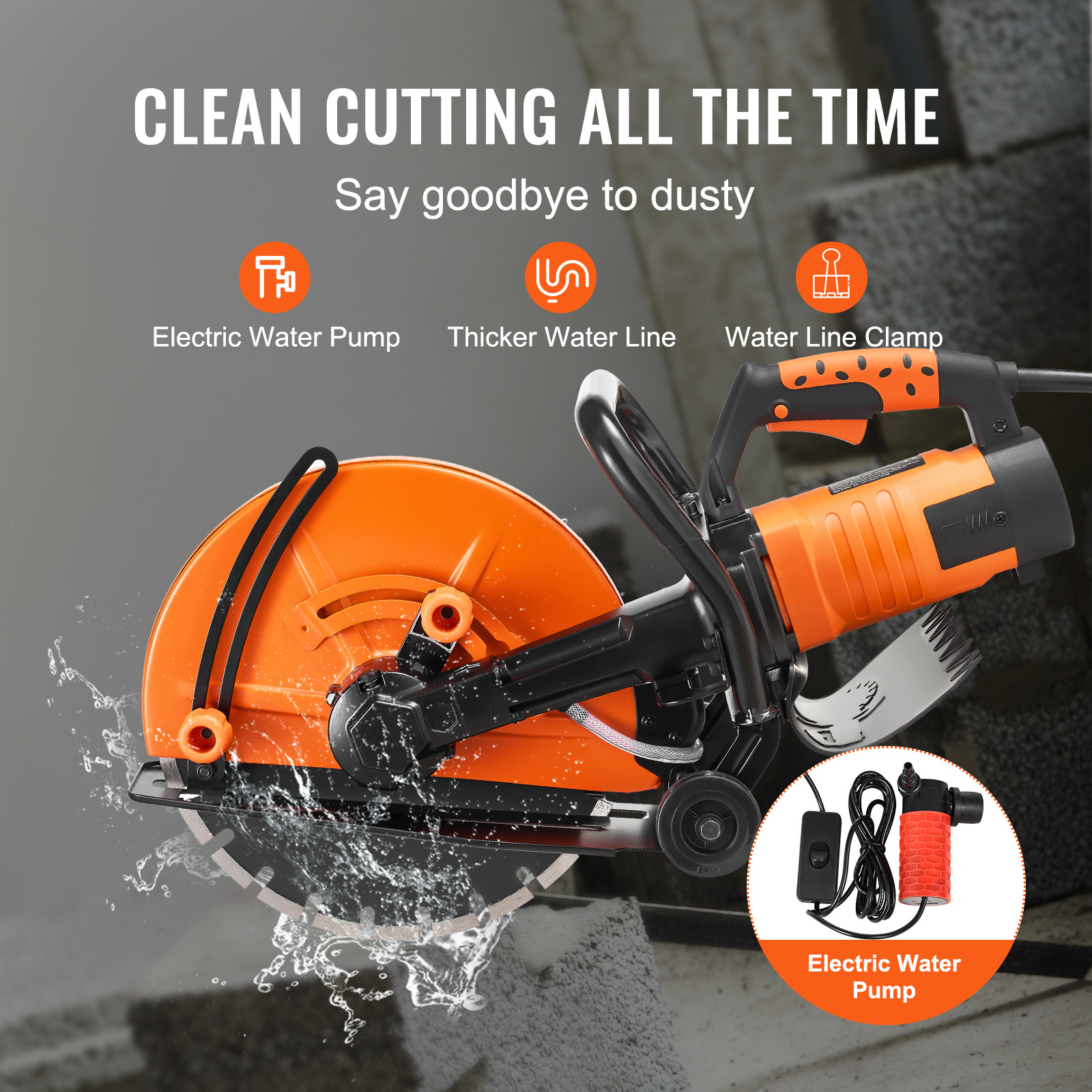 VEVOR Electric Concrete Saw, 14 in Circular Saw Cutter with 5 in Cutting Depth, Wet/Dry Disk Saw Cutter Includes Water Line, Pump and Blade, for Stone, Brick, Porcelain, Concrete,3200W/15A Motor