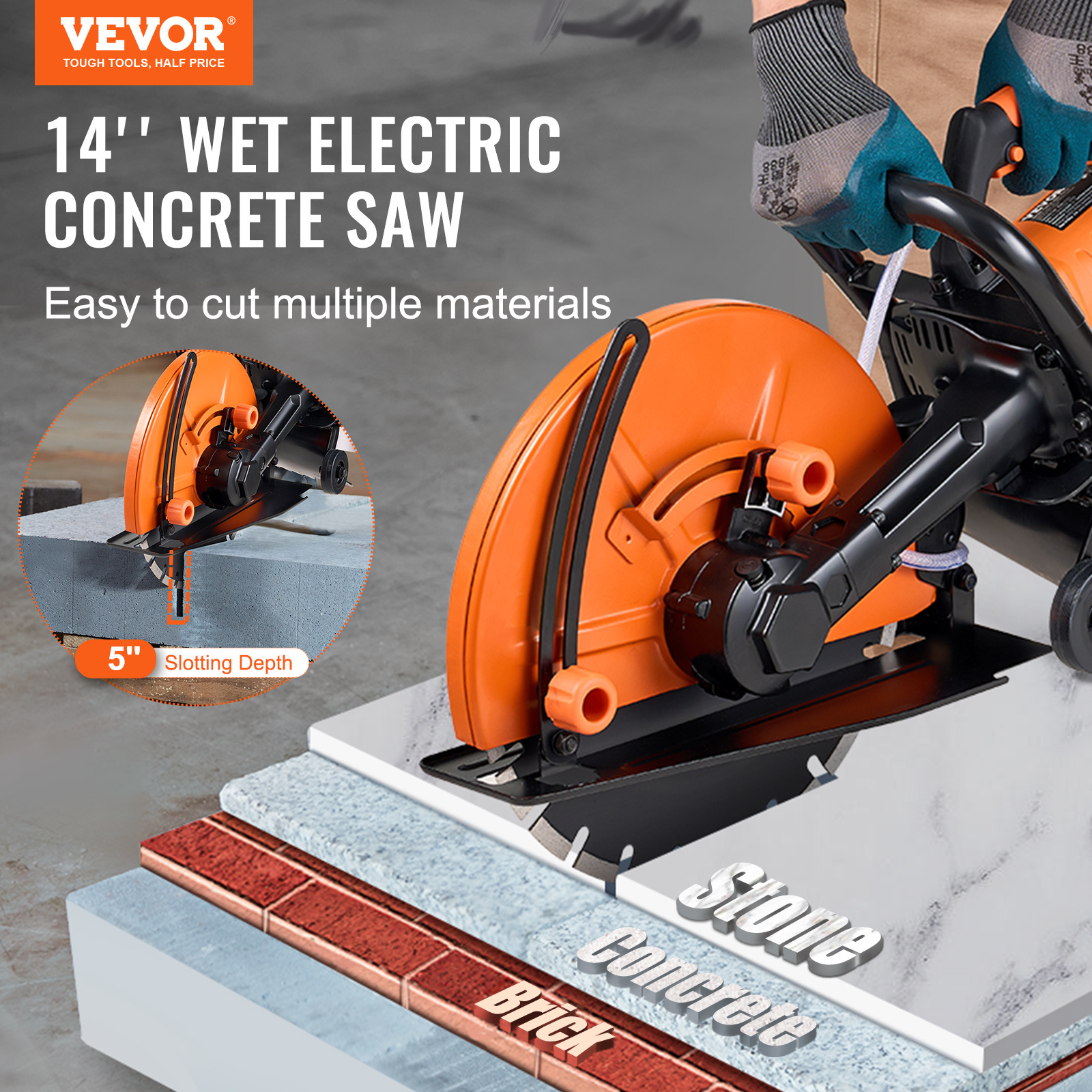 VEVOR Electric Concrete Saw, 14 in Circular Saw Cutter with 5 in Cutting Depth, Wet/Dry Disk Saw Cutter Includes Water Line, Pump and Blade, for Stone, Brick, Porcelain, Concrete,3200W/15A Motor
