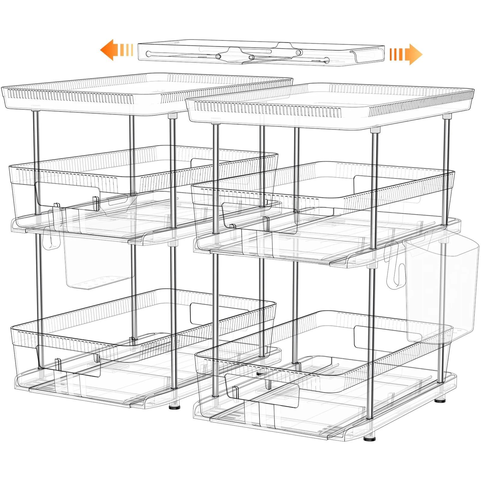 TEMU Clear Bathroom Organizers 2 Sets 3 Tier, Pull Out Organizer And Storage With 2 Cups, Slide Out Drawer Storage Container With 6 Dividers, Bathroom Organizer, Kitchen Under Sink Organizer