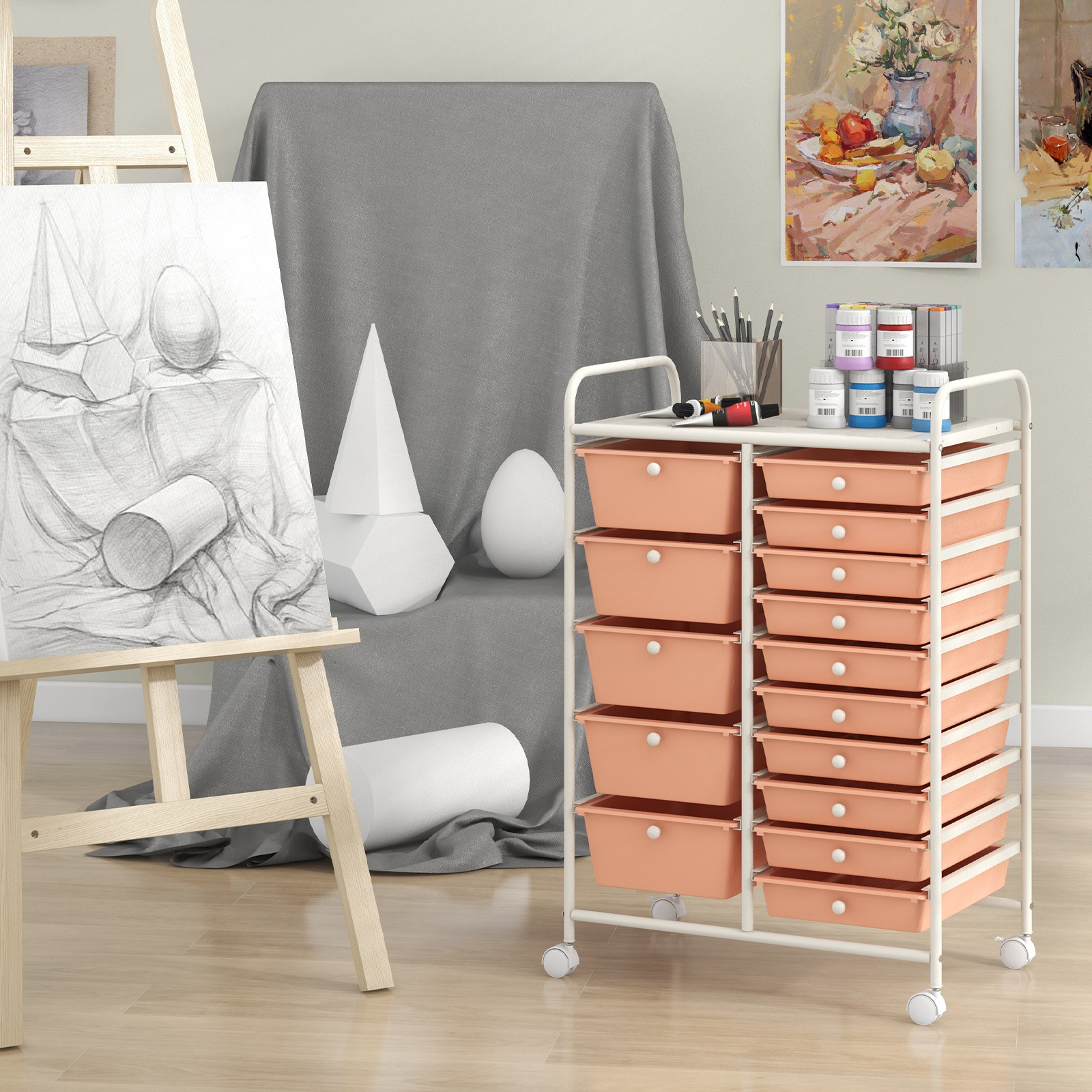  15 drawer rolling storage cart mobile utility cart with heavy duty metal frame lockable wheels multipurpose storage organizer cart for tools paper drawer cart for home  