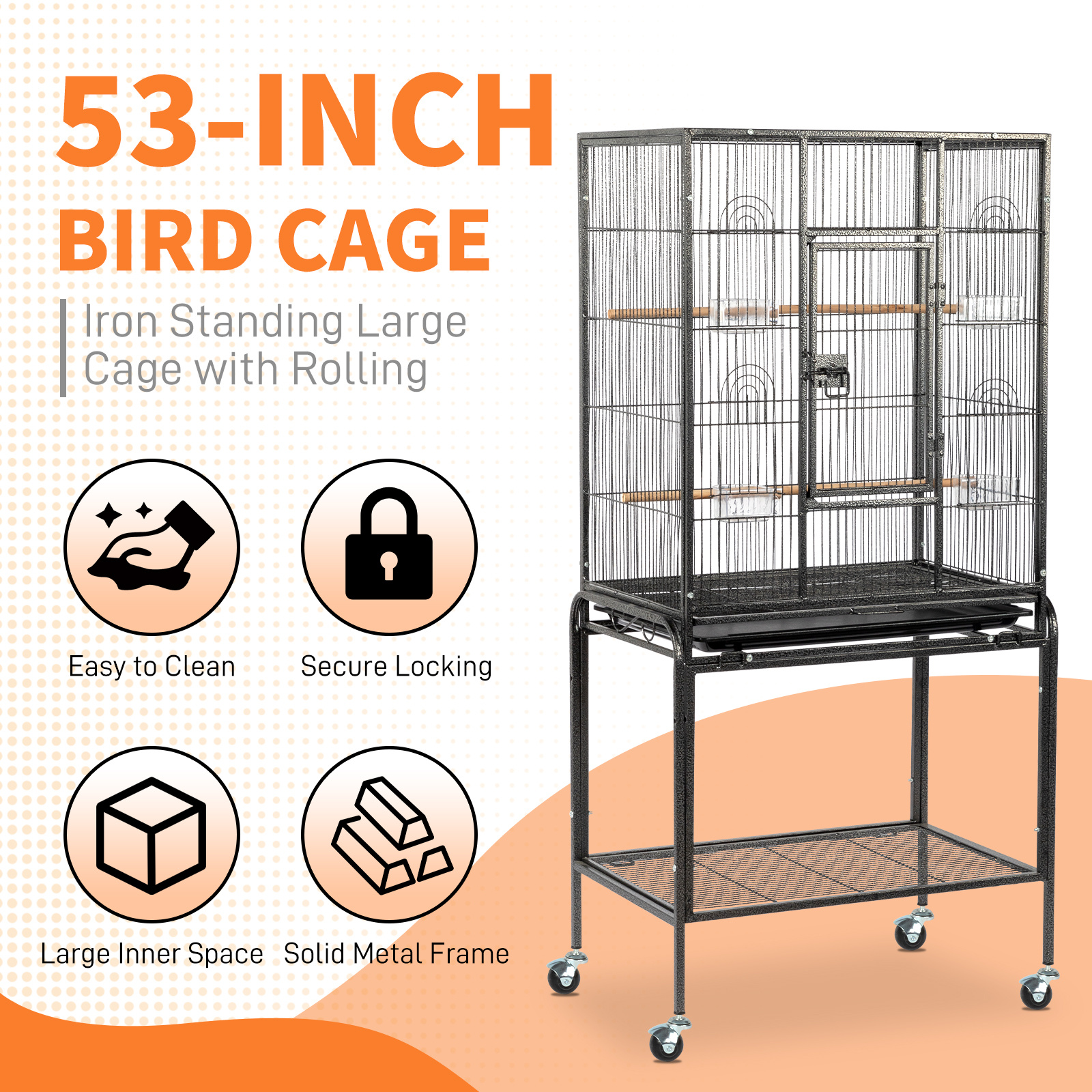 53in Extra - Large Wrought Iron Movable Bird Cage, Suitable For Budgerigars, Cockatiels, Sun Conures And - , Sturdy And Durable