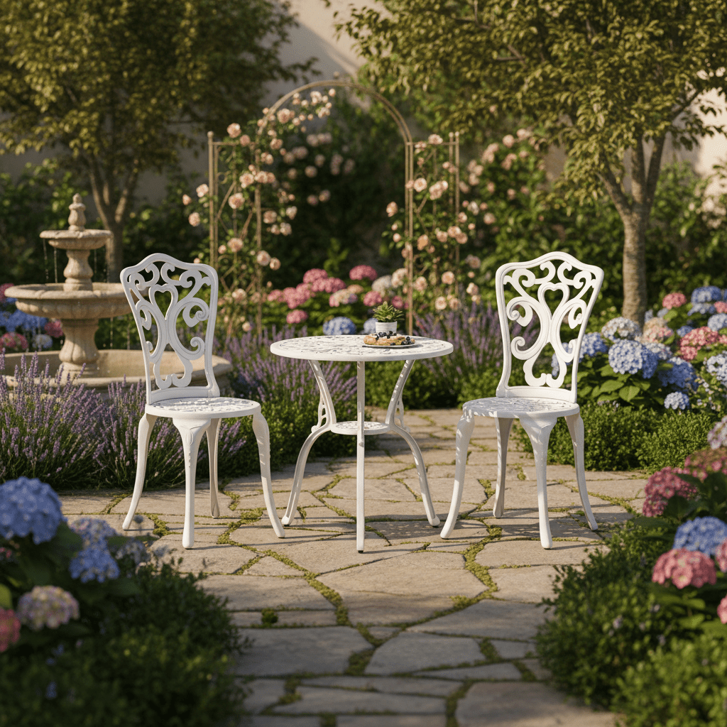   3 pcs   set outdoor bistro table and chairs with umbrella hole cast aluminum bistro set for garden poolside backyard front porch