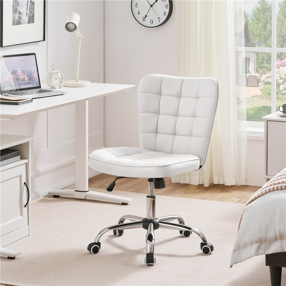 Modern Desk Chair Vanity Chair For Bedroom, Tufted Armless Chair With Chrome- Base, Rolling Wheels, Adjustable Seat Height, Mid- Chair, Bedroom Furniture,, Halloween Furniture