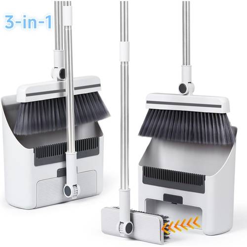 3 in 1 indoor sweeping broom and dustpan combo set long handle brush with upright stand for home heavy duty uncharged plastic cleaning tool kit with handle accessory for kitchen dorms bathroom