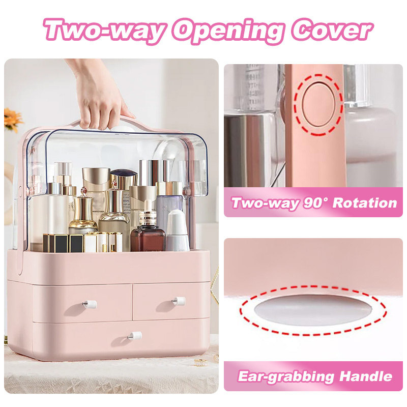 portable makeup organizer large capacity household cosmetic storage box jewelry cosmetics perfume storage box dustproof make up organizers for vanity countertop bathroom bedroom valentines day birthday festival gift white pink details 7