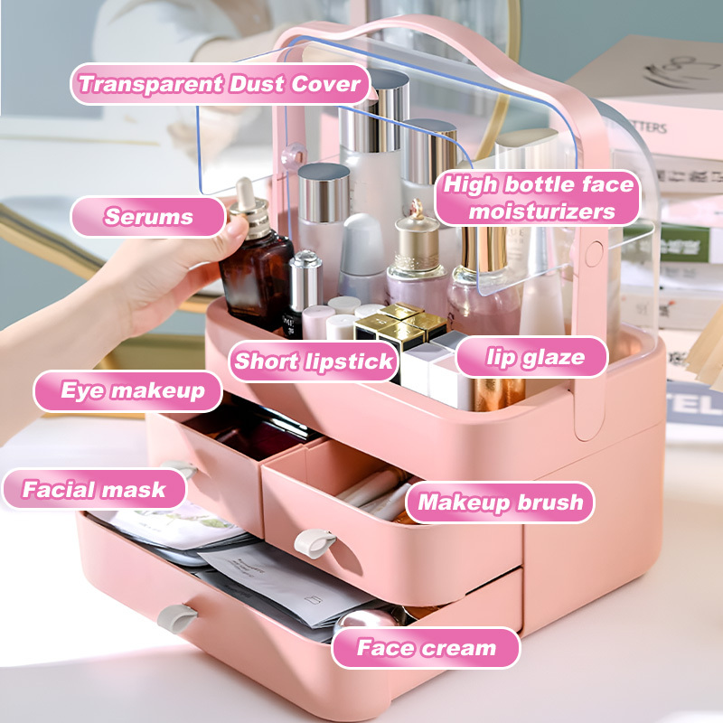 portable makeup organizer large capacity household cosmetic storage box jewelry cosmetics perfume storage box dustproof make up organizers for vanity countertop bathroom bedroom valentines day birthday festival gift white pink details 6
