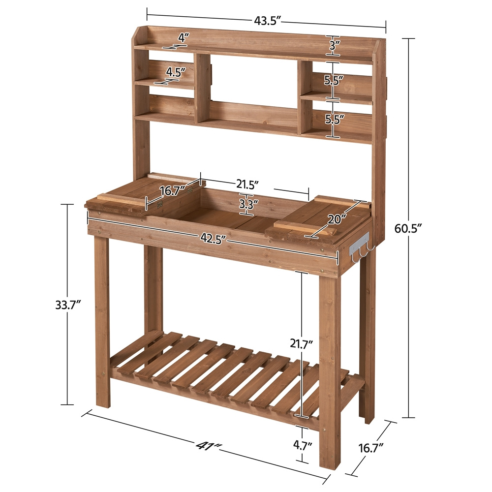   outdoor potting bench table with display rack storage shelf hanger sink brown