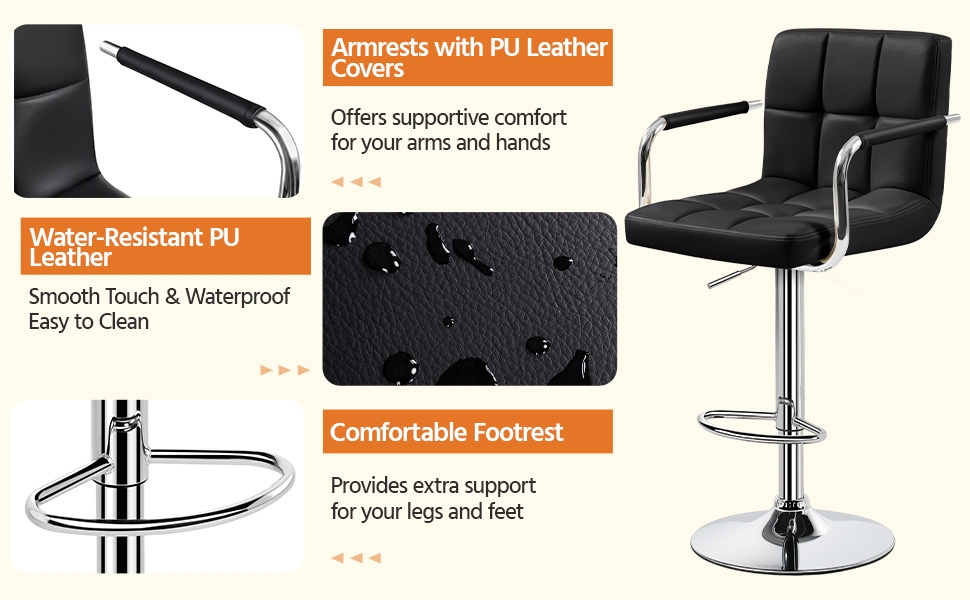Costoffs 2pcs PU Leather Bar Stools Adjustable Swivel Stools Kitchen Chairs with Large Steel Base, Backrests & Footrest for Dining Room, Kitchen Island, Home Bar Counter, Christmas Gift