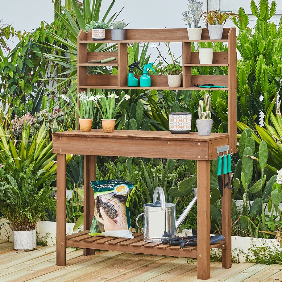 Costoffs Outdoor Potting Bench Table with Display Rack, Storage Shelf, Hanger, Sink Brown