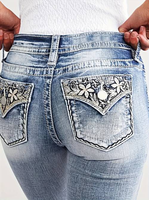embroidered washable fashion high waisted skinny fit stretchable womens comfortable fabric jeans