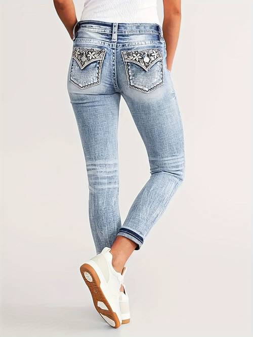 embroidered washable fashion high waisted skinny fit stretchable womens comfortable fabric jeans