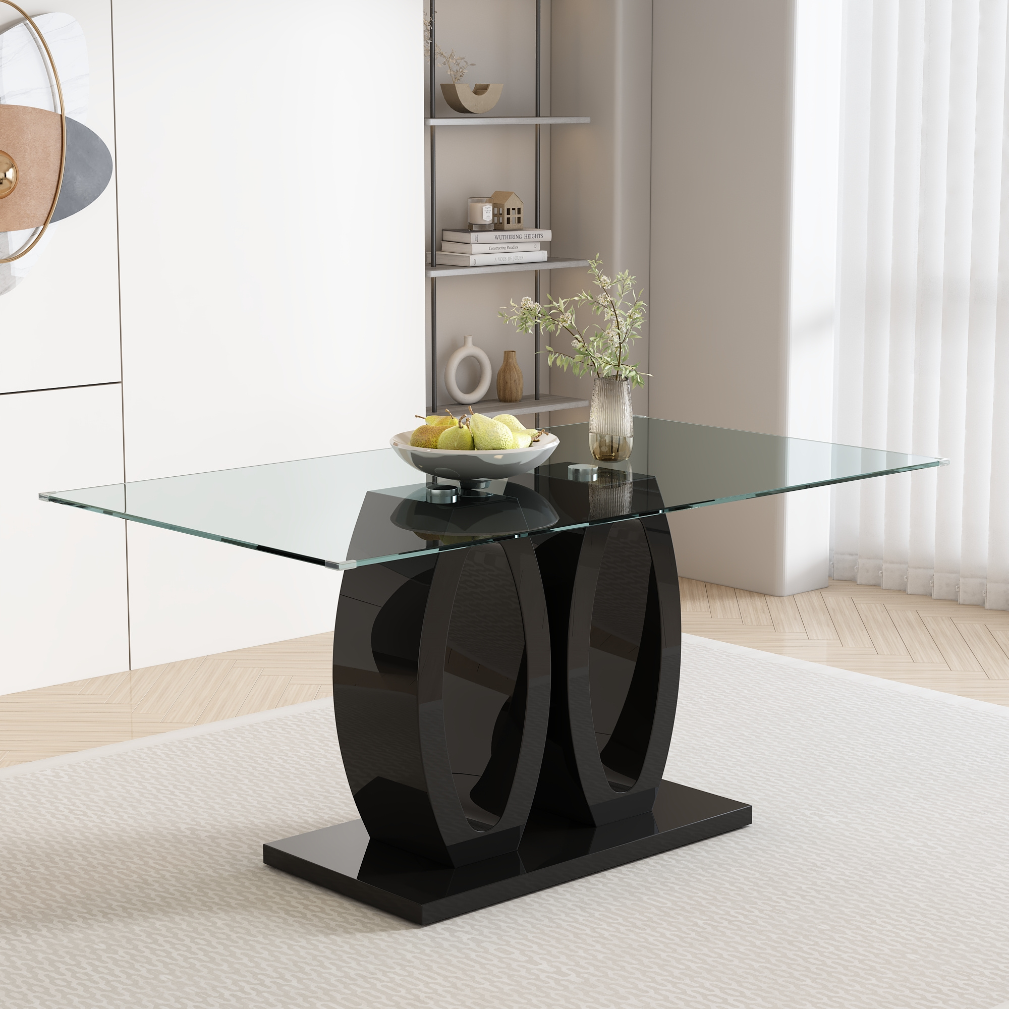 63‘’ Tempered Glass Dining Table for 4-6 People, Rectangular Kitchen Table  with high-gloss lacquer O-shaped pedestal Safety Glass T