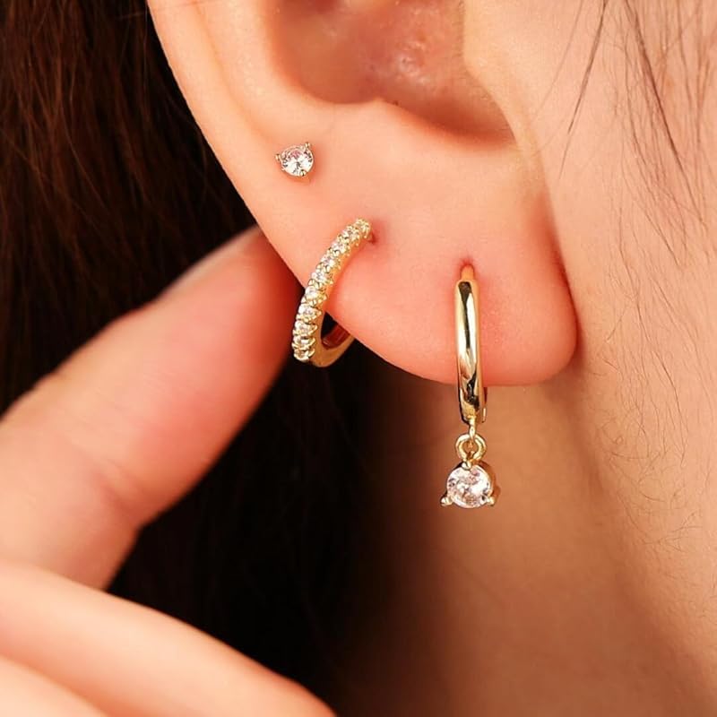 3 PCS Golden Hoop Earrings Set Dainty Stud Earrings Trendy Small Golden Plated Dangle Cartilage Huggie Hoop Earrings for Women Women Gifts