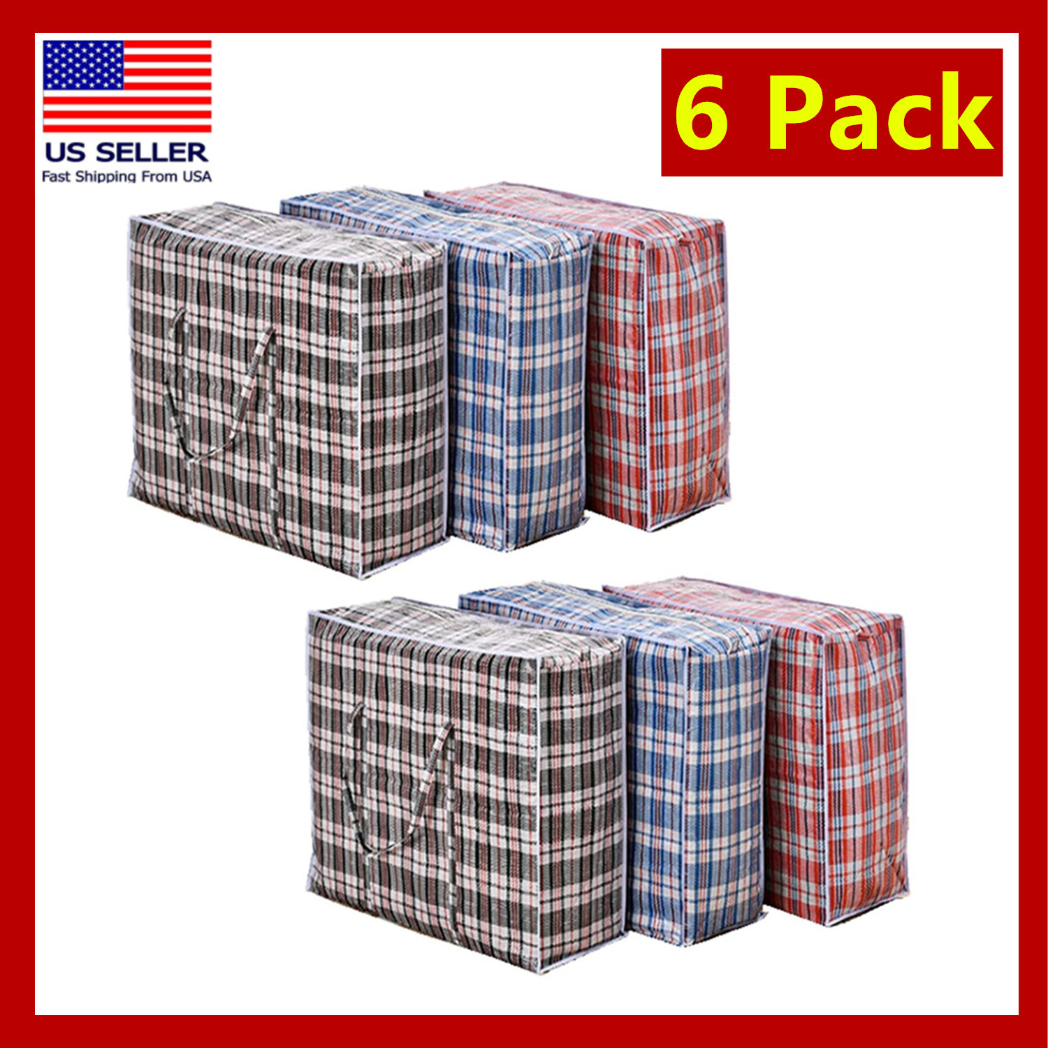 TEMU Set Of 6 Large Plastic Checkered Laundry Bags With Zipper And Handles For Travel, Laundry, Shopping, Storage, Moving, Size: (19"x19"x7") - Color
