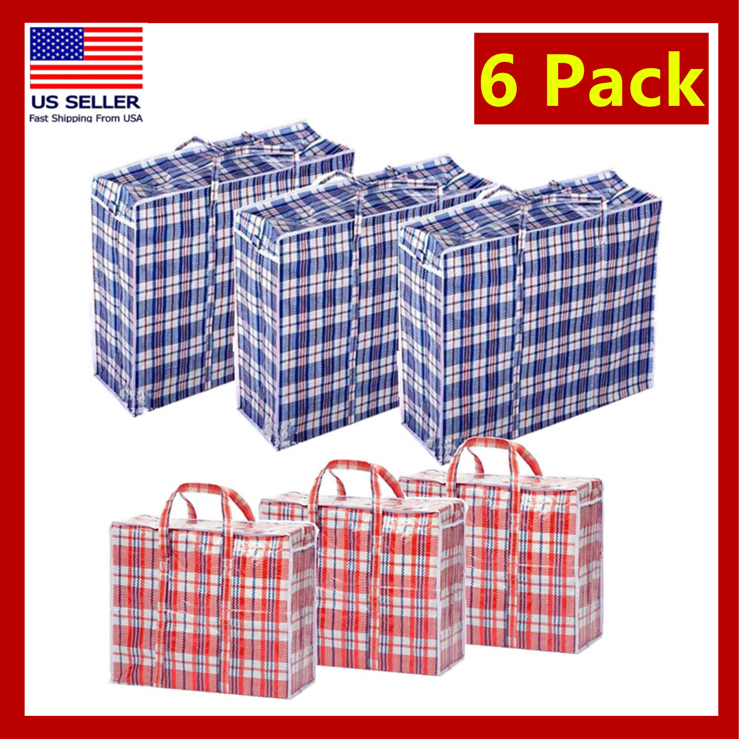 TEMU Set Of 6 Large & Jumbo Plastic Checkered Laundry Bags With Zipper And Handles For Travel, Laundry, Shopping, Storage, Moving, Size: