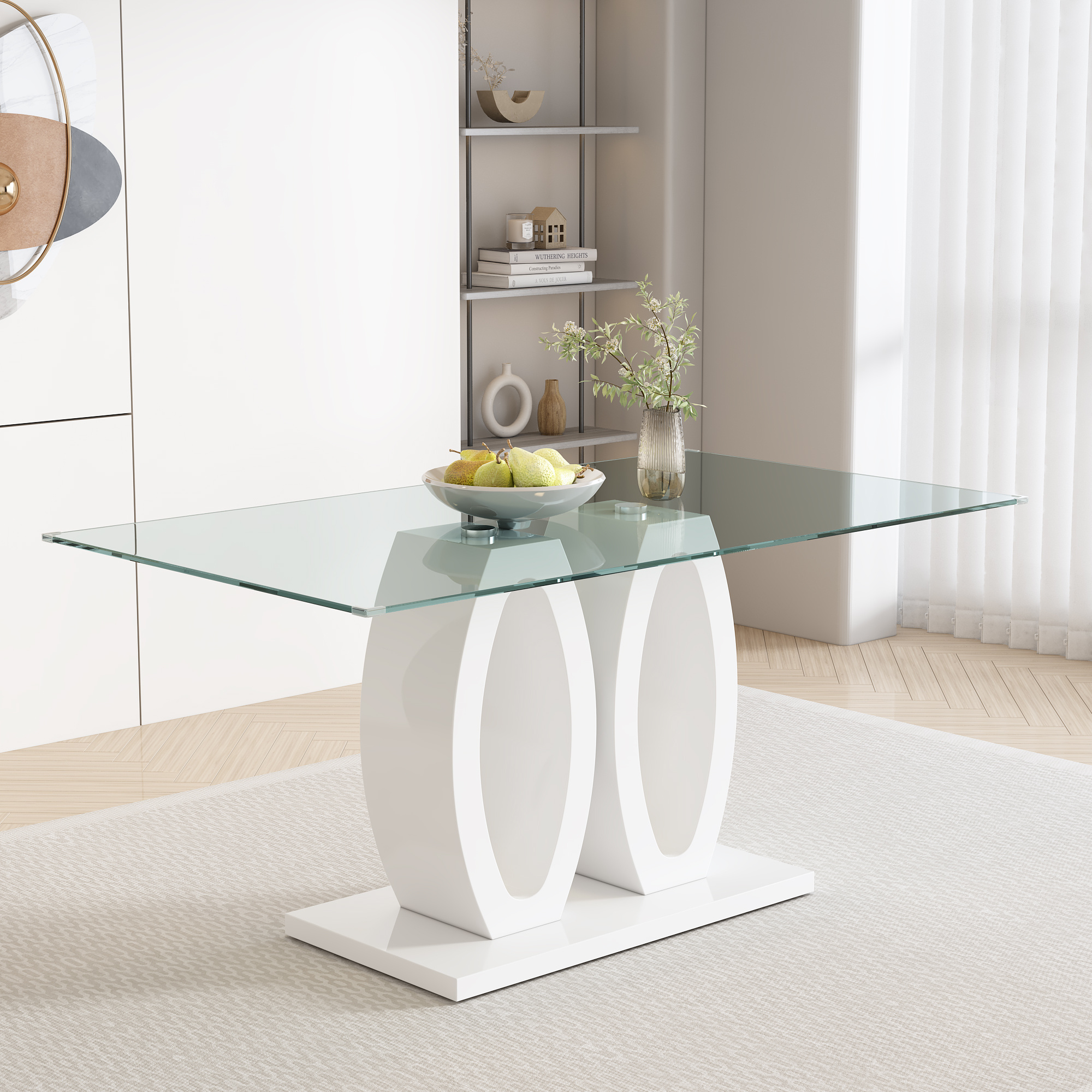63‘’ Tempered Glass Dining Table for 4-6 People, Rectangular Kitchen Table  with high-gloss lacquer O-shaped pedestal Safety Glass T