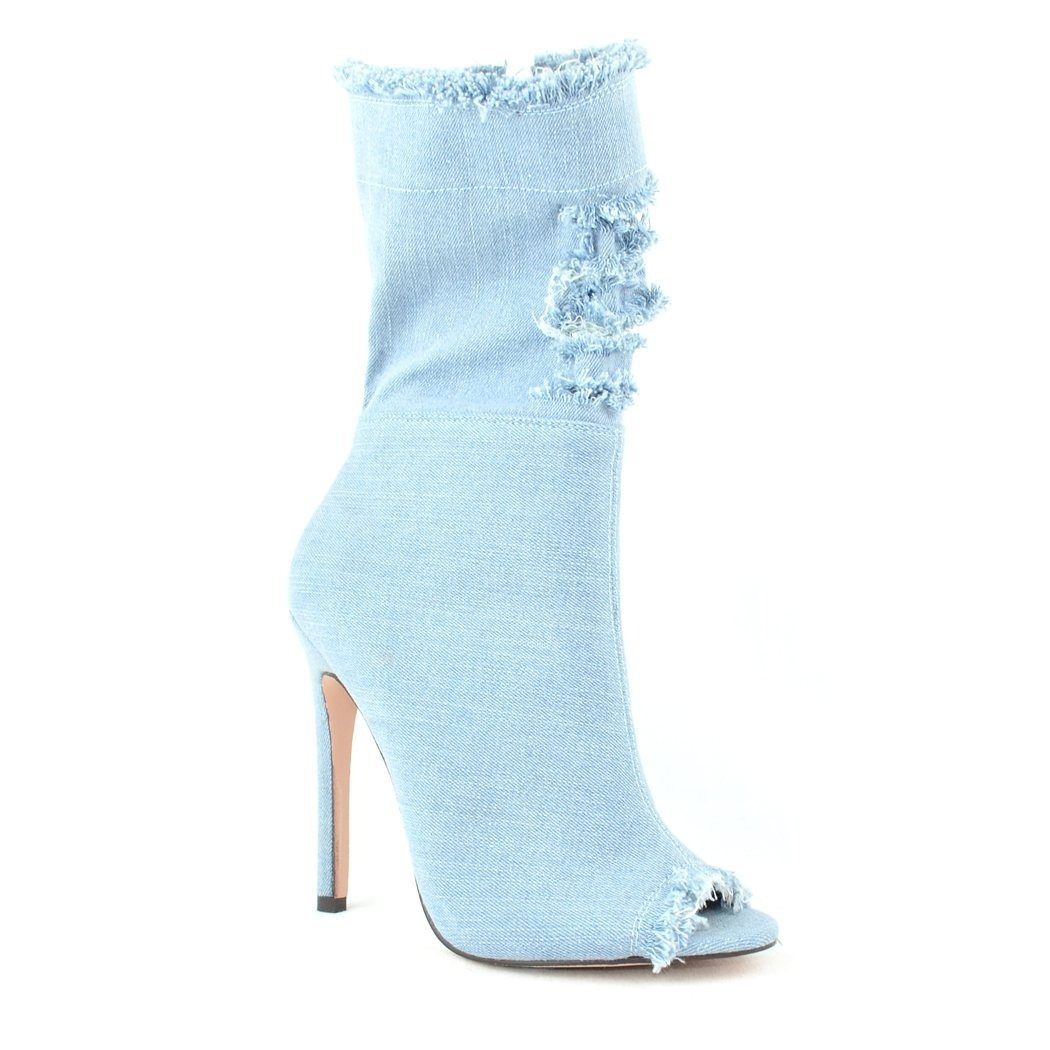 Women’s High Heel Denim Ankle Booties – Peep Toe Distressed Stiletto Boots – Fashion Statement Shoes for Party & Casual Wear