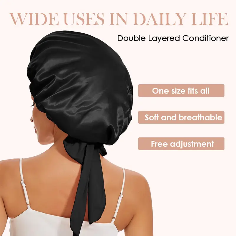 2pcs double layer satin bonnet silk bonnet for sleeping adjustable hair bonnet cap for women hair with tie band 2025 new details 3