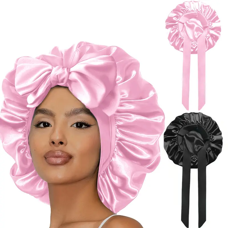 2pcs double layer satin bonnet silk bonnet for sleeping adjustable hair bonnet cap for women hair with tie band 2025 new details 1