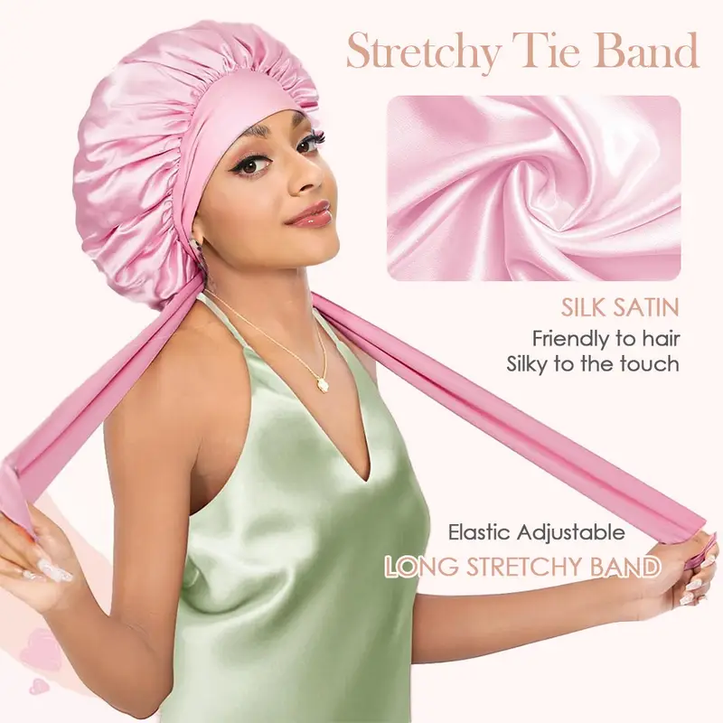 2pcs double layer satin bonnet silk bonnet for sleeping adjustable hair bonnet cap for women hair with tie band 2025 new details 0