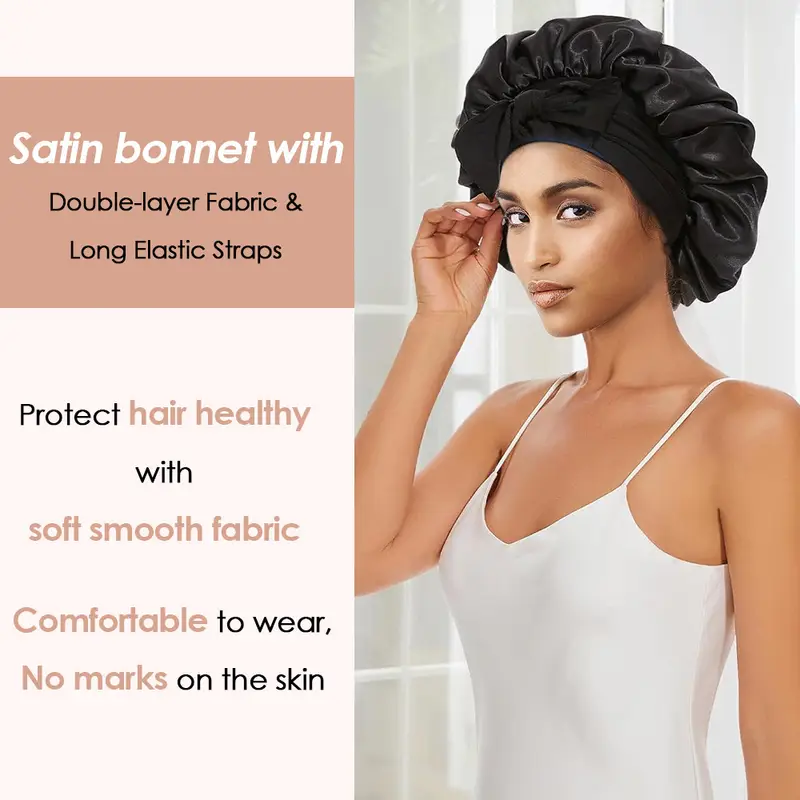 2pcs double layer satin bonnet silk bonnet for sleeping adjustable hair bonnet cap for women hair with tie band 2025 new details 6