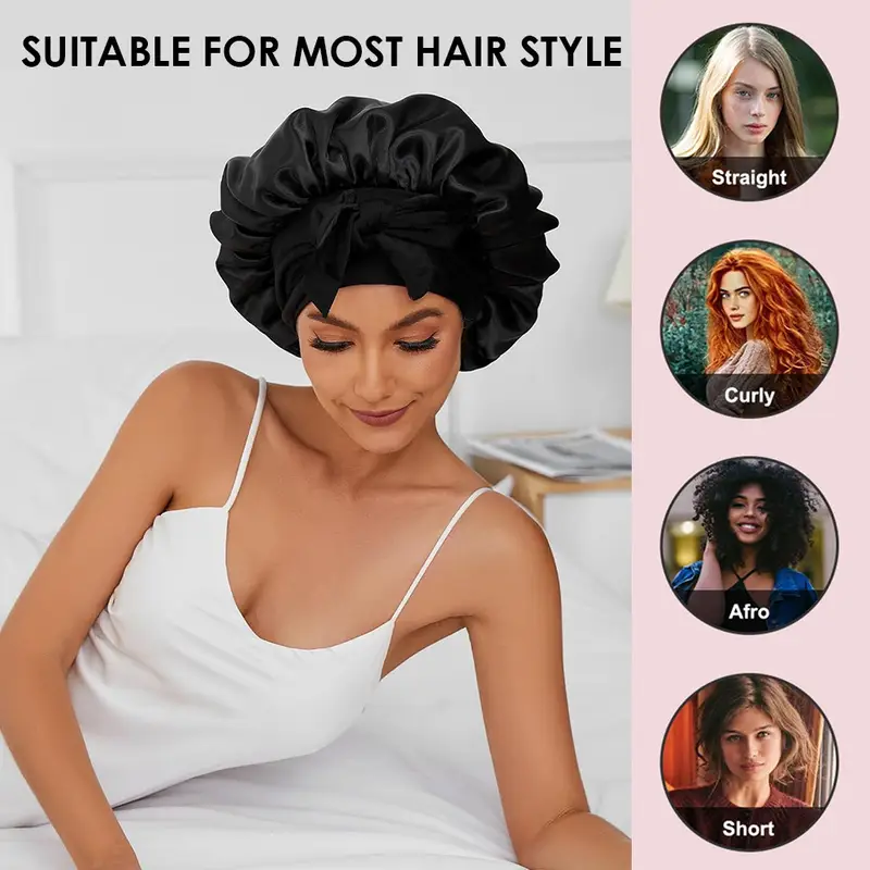 2pcs double layer satin bonnet silk bonnet for sleeping adjustable hair bonnet cap for women hair with tie band 2025 new details 2