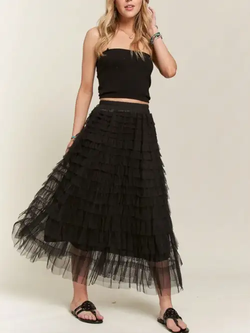 Tulle Overlay Skirt Chic Black Two-Piece Outfit Tulle Overlay Skirt Chic Black Two-Piece Outfit