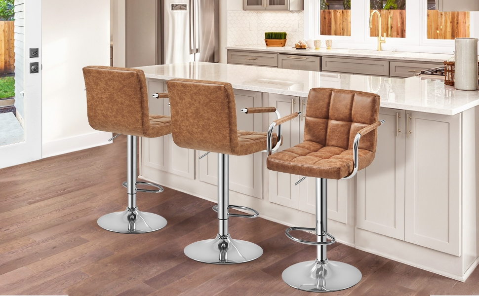 Costoffs 2pcs PU Leather Bar Stools Adjustable Swivel Stools Kitchen Chairs with Large Steel Base, Backrests & Footrest for Dining Room, Kitchen Island, Home Bar Counter, Christmas Gift