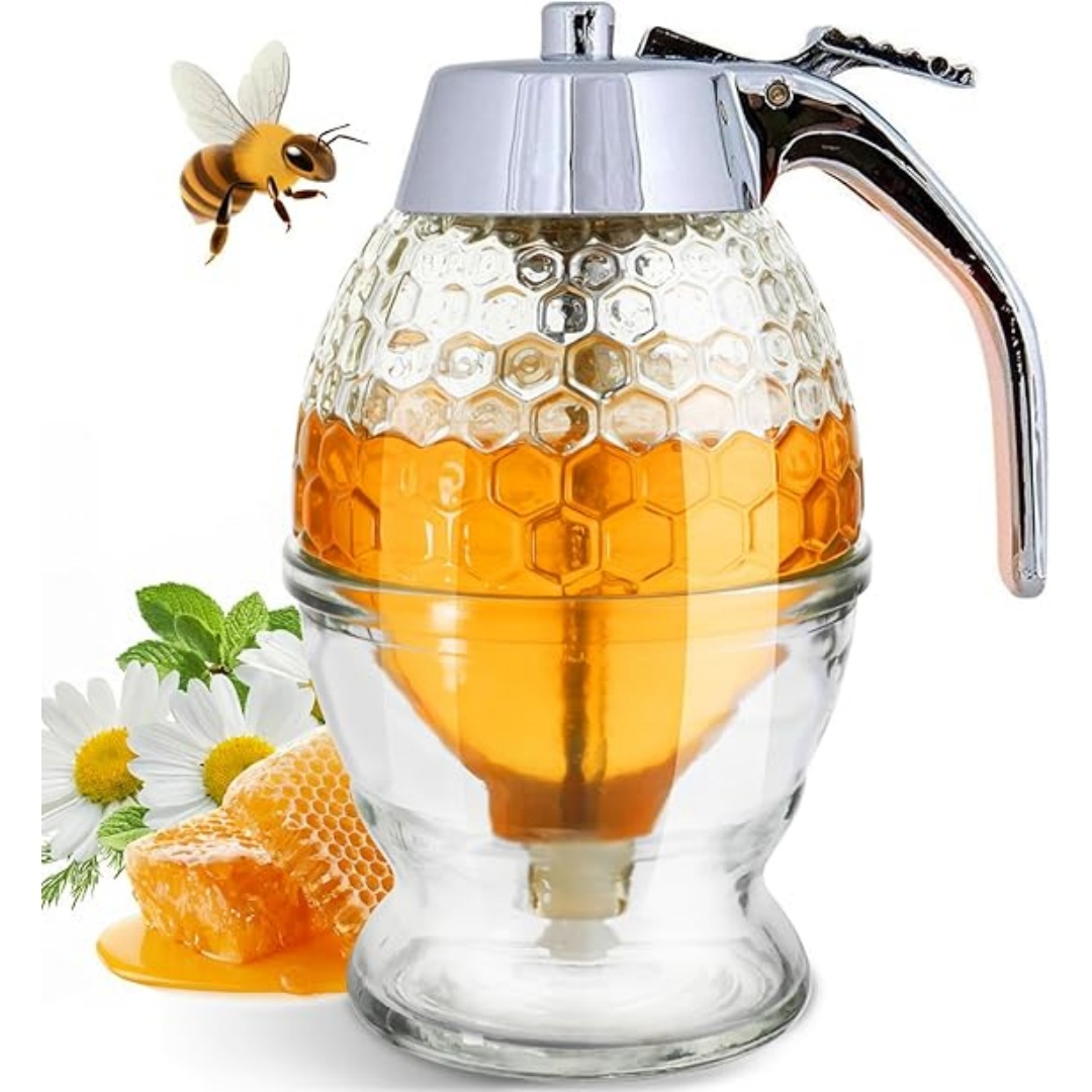 TEMU No Drip Honey Dispenser With Stand - Honeycomb Shaped Honey Holder And Syrup Dispenser -bee Decor Honey Storage Jar, Honey Dispenser For Honey,