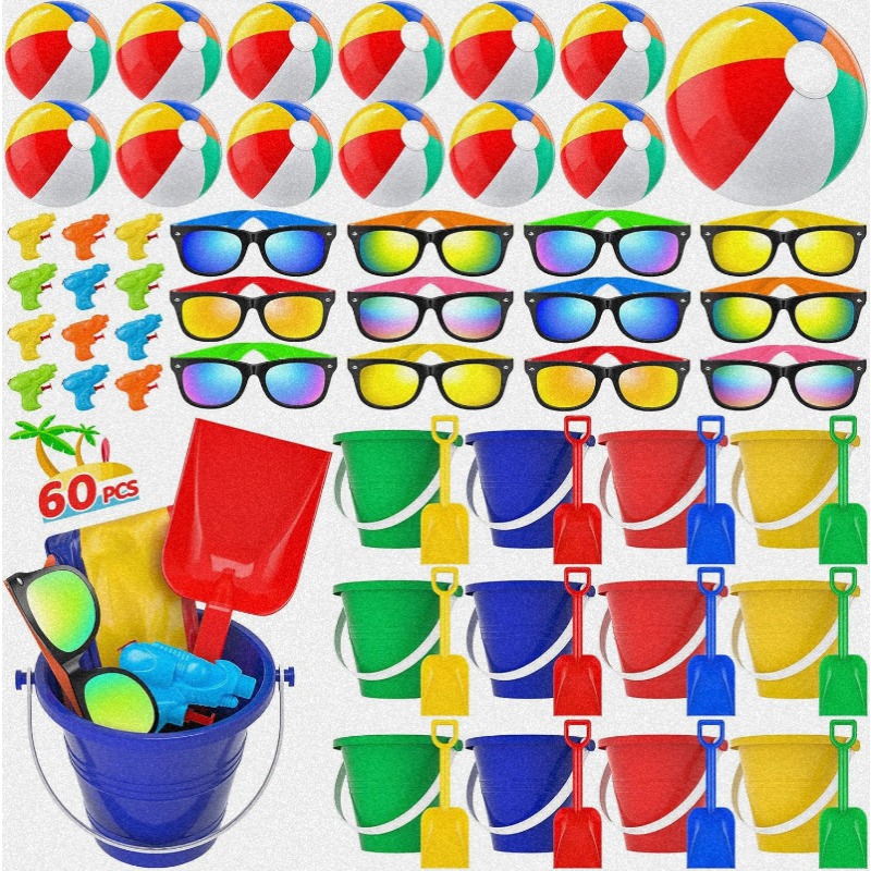 Pool Party Favors - 60 PCS Beach Toys Ages 3-8 Beach Balls Sand Bucket and Shovels Sunglasses Summer Pool Party Supplies