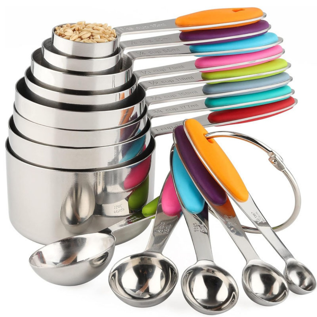 TEMU Measuring Cups And Spoons Set, Set Of 13 Stainless Steel Measuring Cups And Spoons, With Silicone Handles, Stackable, Easy To Store For Kitchen,