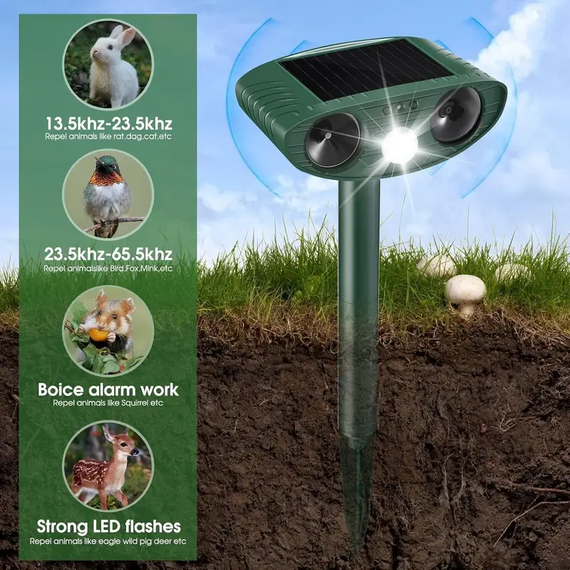 4 pack ultrasonic animal repellent outdoor solar powered cat repellent deer deterrentdevices with motion detector squirrel raccoon skunk dog bird repellent sounddevices for garden yard details 1