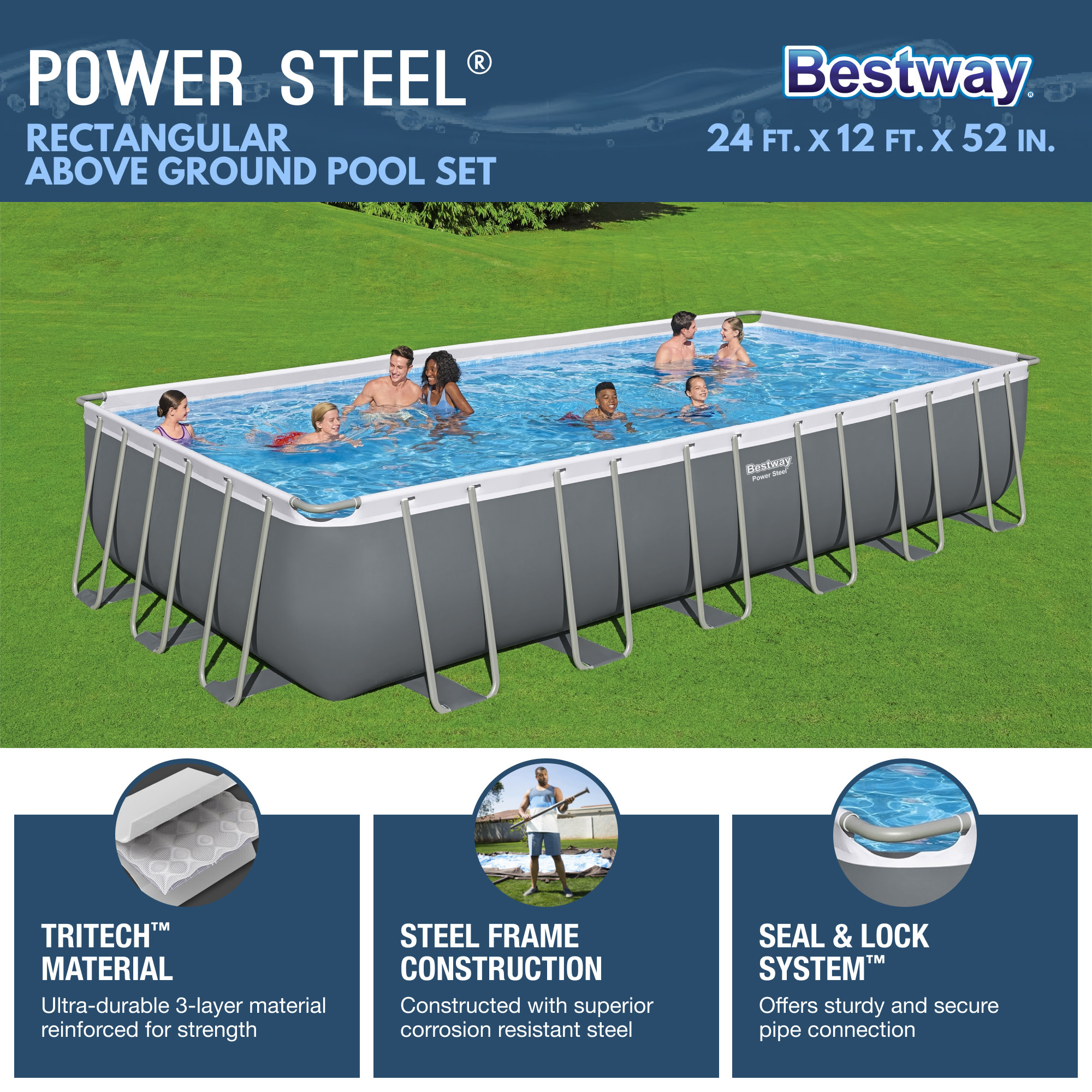 rectangular metal frame above ground swimming pool set with 1500 gph sand filter pump ladder and pool cover Product details 11
