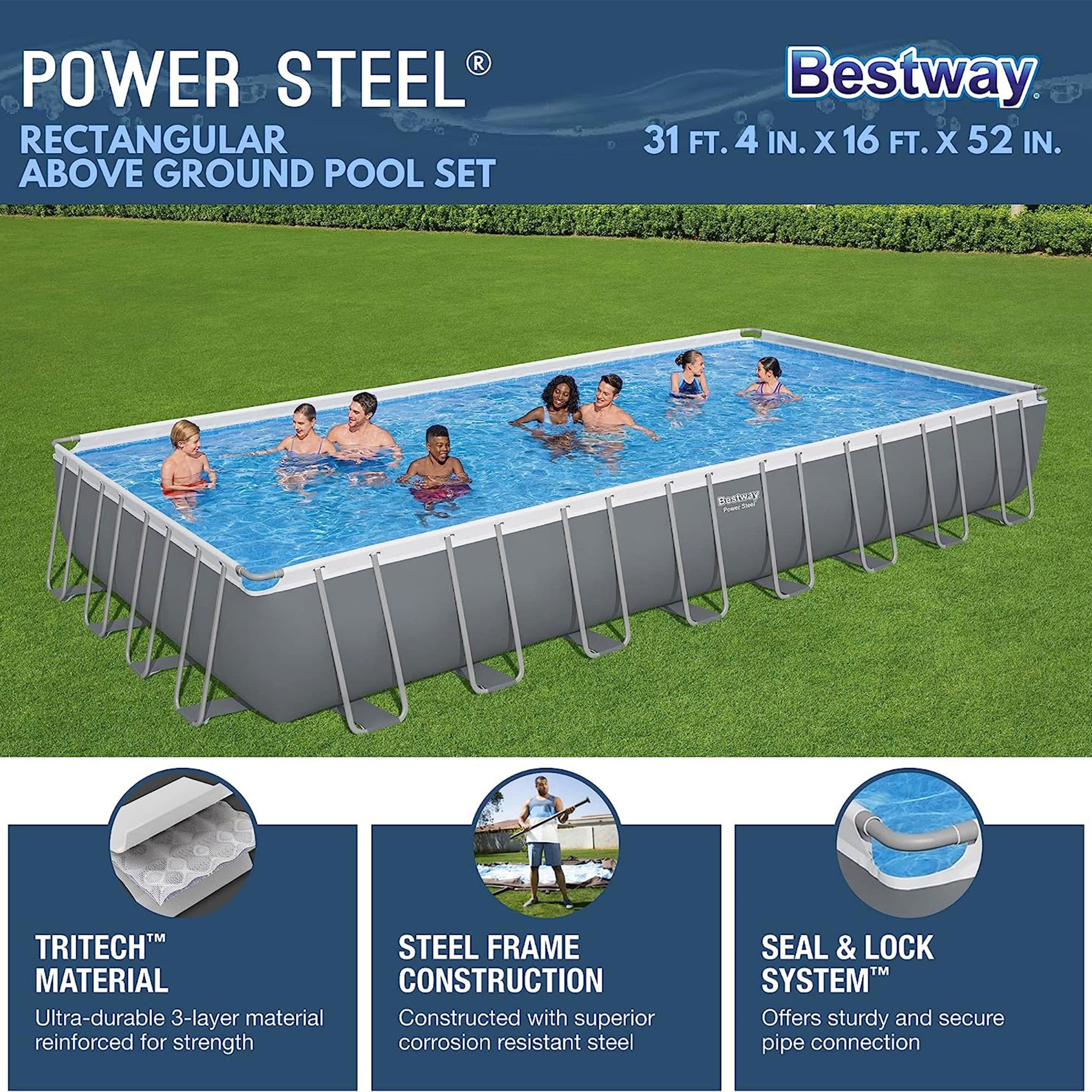 rectangular metal frame above ground swimming pool set with 1500 gph sand filter pump ladder and pool cover Product details 19