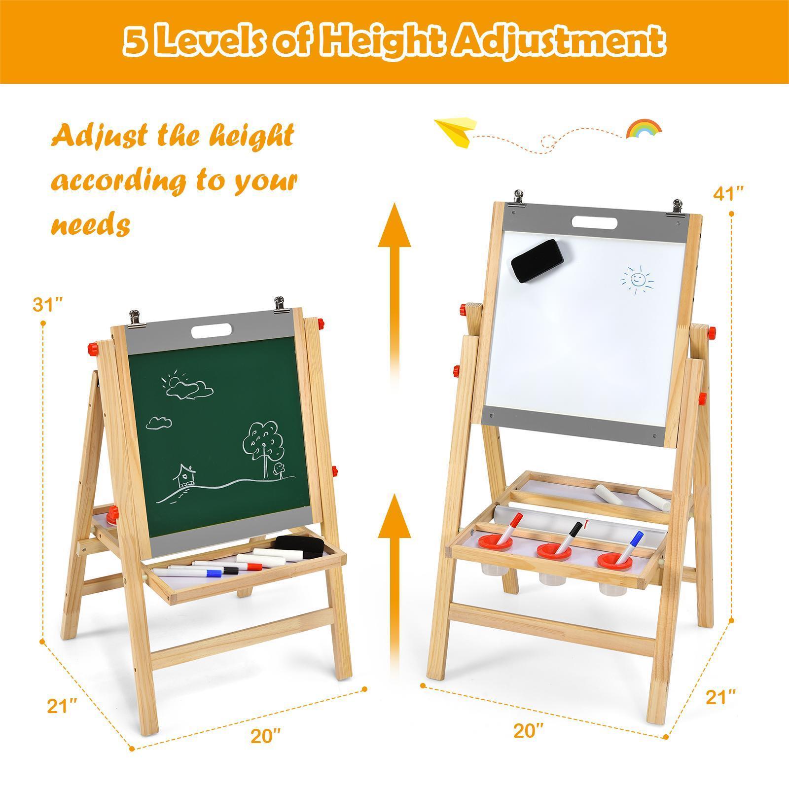 COSTWAY 3-In-1 Foldable Kids Easel, Height Adjustable Wooden Art Easel Suitable for Kids Over 3 Years Old, Includes Eraser, 3 No-Drop Paint Cups, 2 Chalks, 3 Whiteboard Pens, Paper Roll, Double Boards & Storage Tray