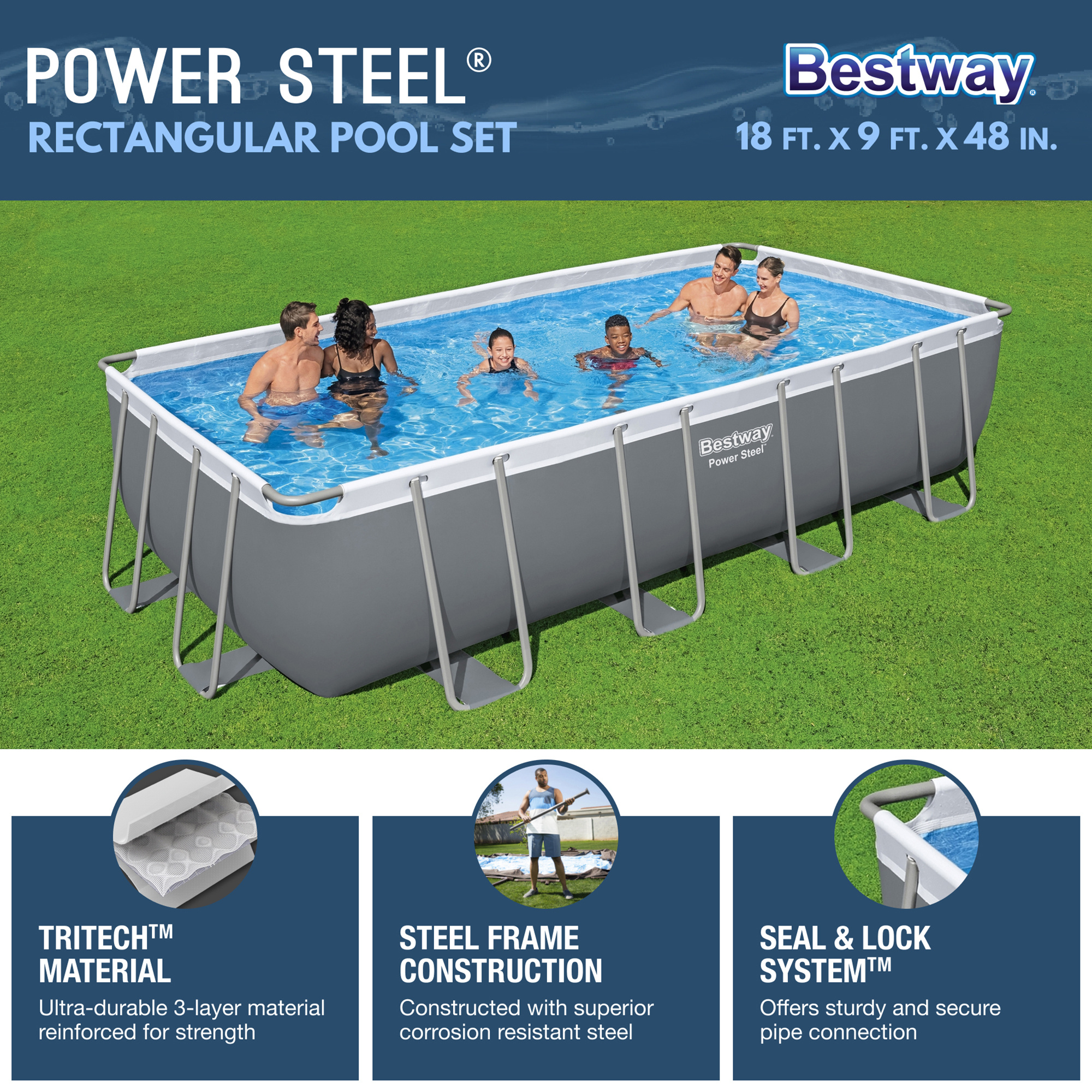 rectangular metal frame above ground swimming pool set with 1500 gph sand filter pump ladder and pool cover Product details 3