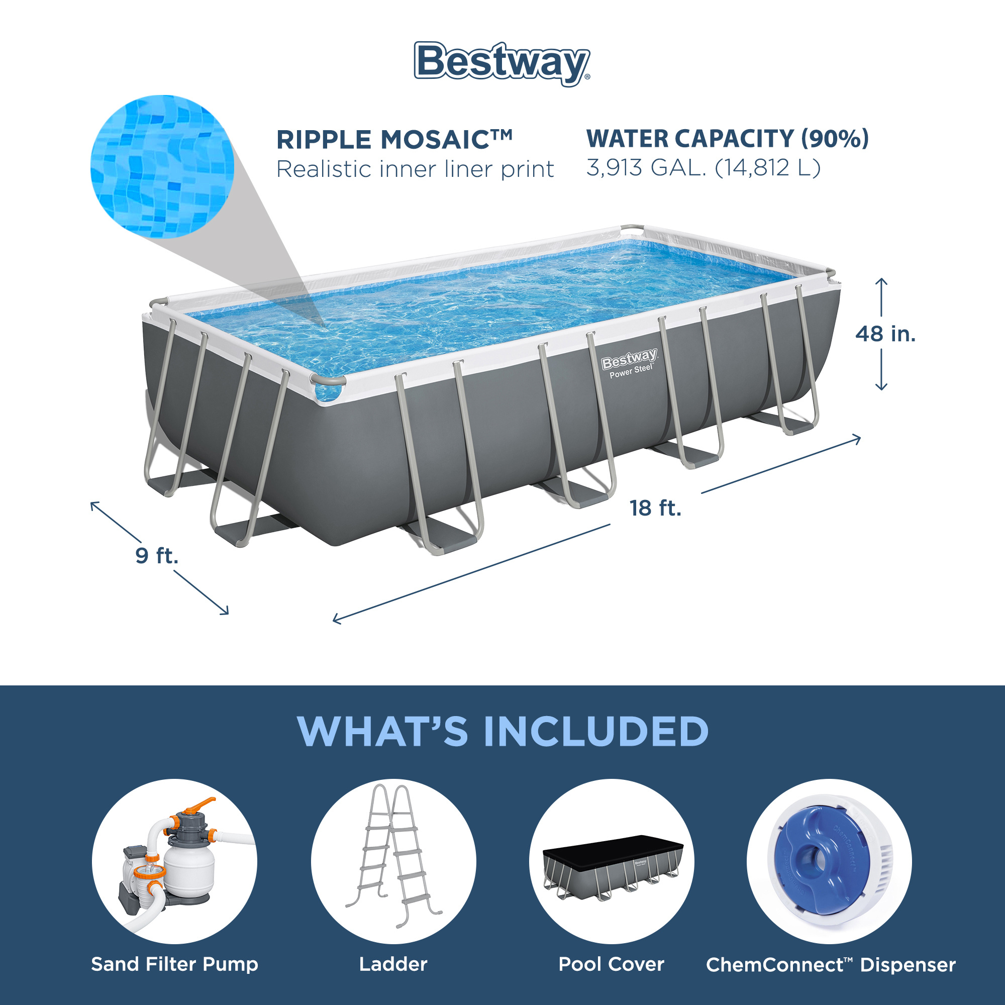 rectangular metal frame above ground swimming pool set with 1500 gph sand filter pump ladder and pool cover Product details 7
