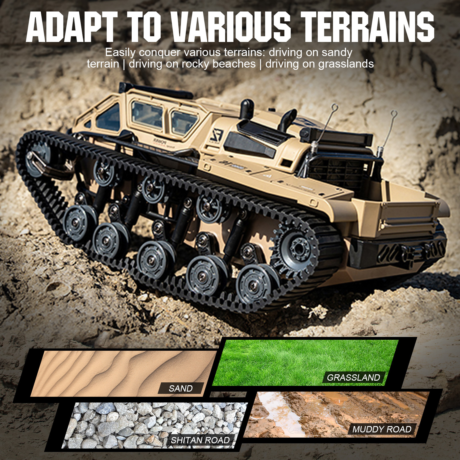 遥控履带式坦克全比例遥控车强大的越野车适合所有地形带 led 灯和合金门开模型军用战车车辆礼物适合儿童带 2 颗电池 商品详情 8